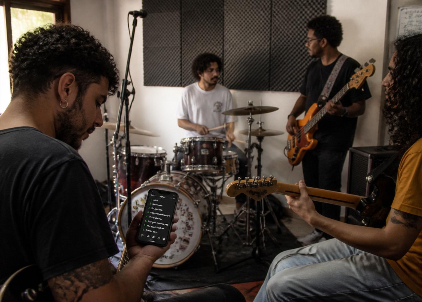 Banda brasileira ensaiando em estúdio, guitarrista olhando o setlist no celular