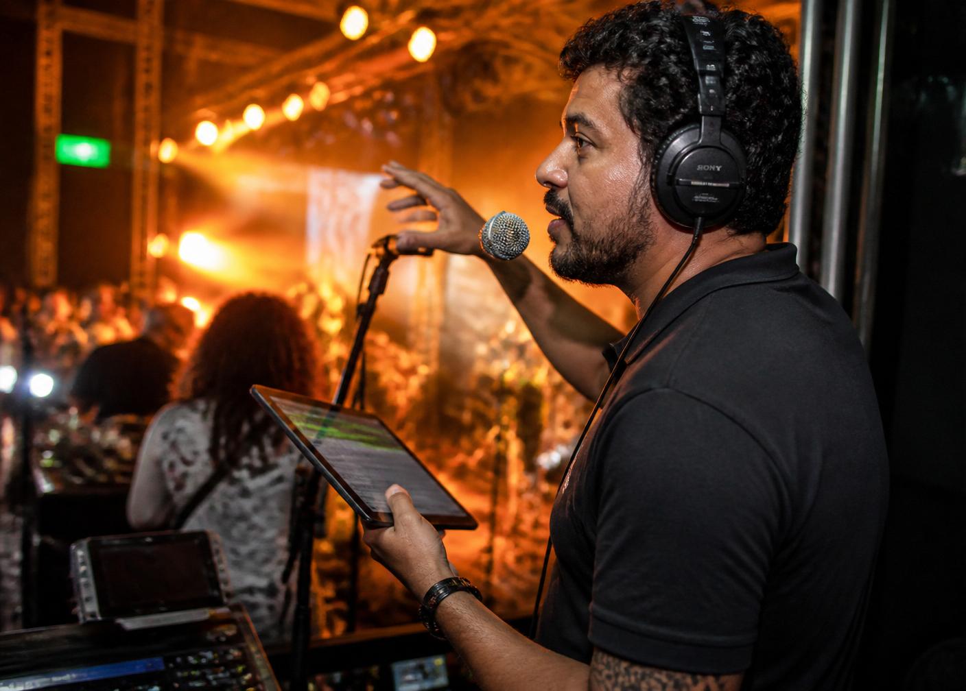 Produtor com fone falando com a banda por ponto ao vivo em um show